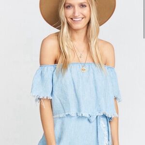Show Me Your Mumu chambray linen off the shoulder OTS Turner crop top size small